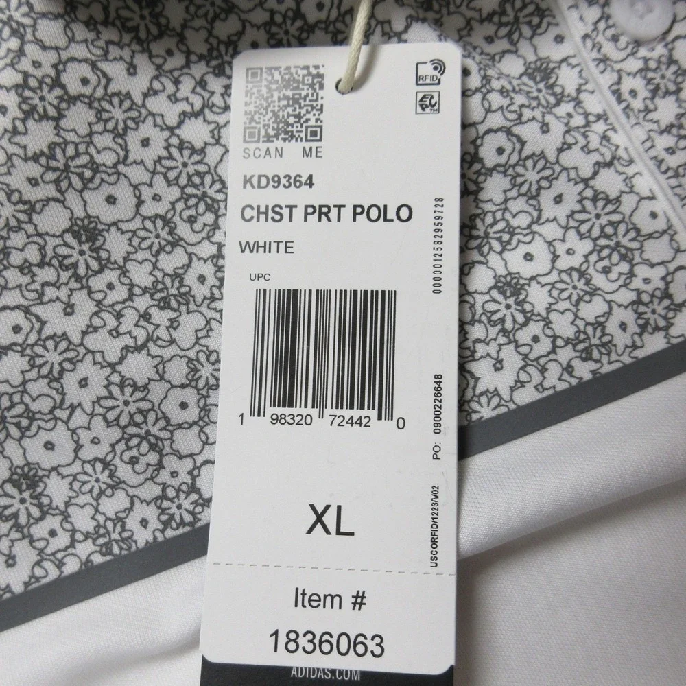 ADIDAS Golf Polo Mens XL (46-48) White Gray Floral Flowers‎ Moisture Wicking NWT